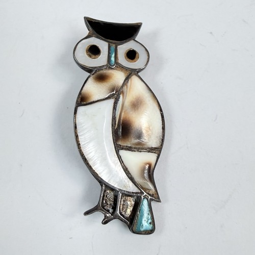 VTG ZUNI Inlaid Turquoise MoP Onyx Cowrie Sterling Silver OWL Pin Southwestern