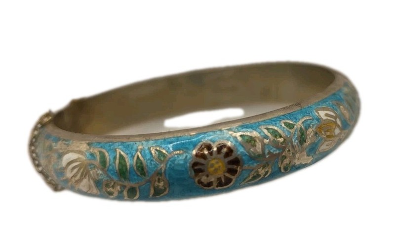  Sterling Silver Blue Enamel Bangle With Flowers Bracelet Hinged 2.5" 