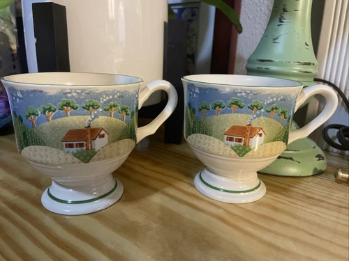 Sangostone Country Cottage Footed Coffee Cups #3645 Set Of 2 Korea Product