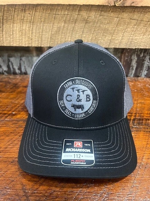 New C&B Farm + Outdoors Richardson 112+ Black Charcoal Cap Hat Trucker FlexFit