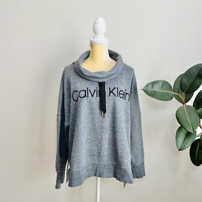 Calvin Klein Pullover Sweatshirt Womens XXL Gray Cowl Neck Crop Drawstring  Warm