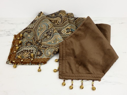 Luxury Table Runner 12" x 120" Paisley Jacquard Fabric With Hand Beaded Tassels - Picture 2 of 7