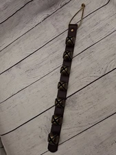 7-Bell Sleigh Bells, Antiqued Brass Bells on Dark Brown Leather Strap, Rawhide