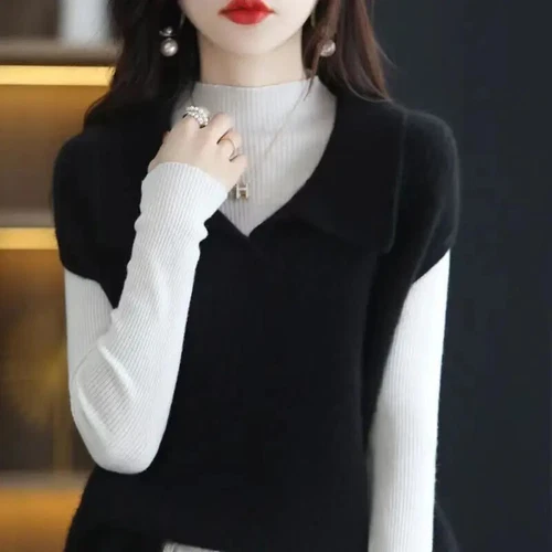 Stylish Turn-down Sweater Vest Casual Sleeveless Autumn Winter Female Clothing - Picture 4 of 27