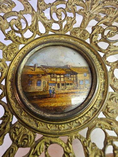 Antik Vintage Messing verziert Jugendstil Shakespeares Haus Tazza Kompott/Kuchen Tablett - Bild 3 von 11