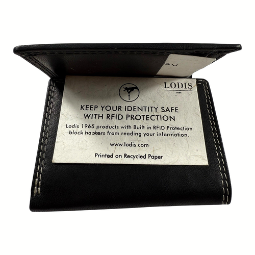 Lodis Black Leather Trifold Mens Wallet White Stitching RIFD New with Bag & Box - Picture 11 of 18