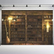 10x8ft Retro Broom Library Vintage Bookshelf Vinyl Backdrop Photo Background