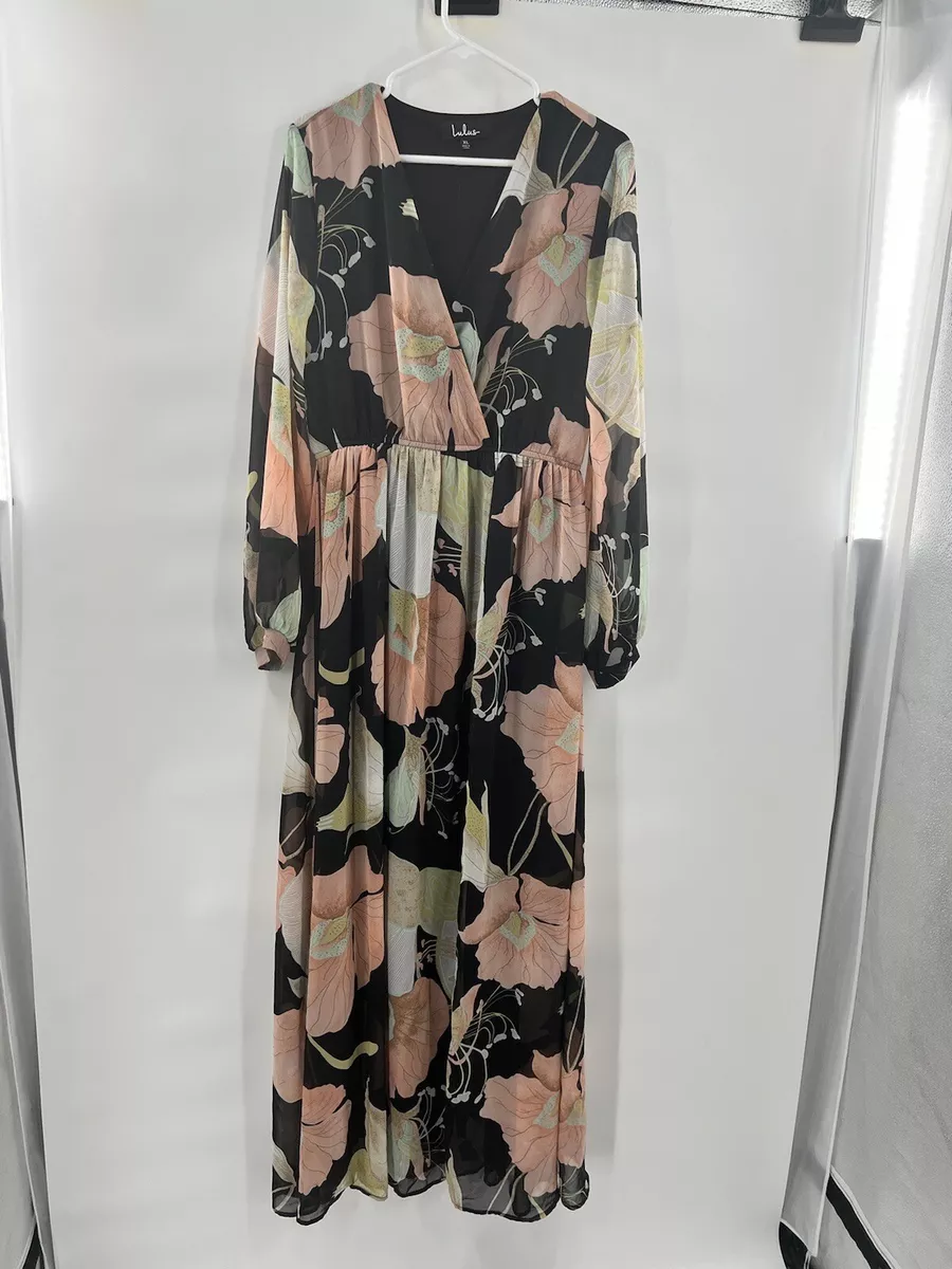 Lulus Wondrous Water Lilies Black Floral Print Maxi Dress long sleeve size XL
