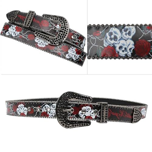 Skull Rhinestone Belt Western Punk Goth Emo Sequin Cowboy Belt Skull Rhinestone Belt Western Belts for Men Women Y2k Goth  main image 3