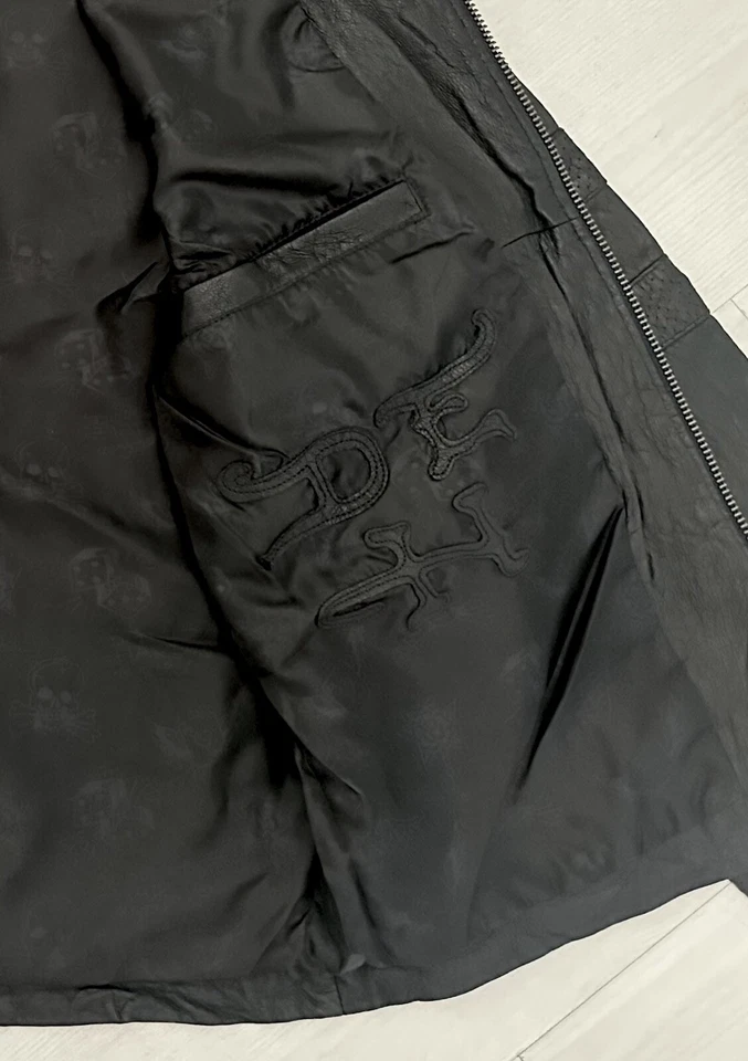 Auténtica RARA Chaqueta de Motociclista Acolchada de Cuero Ed Hardy Para Hombres Talla Pequeña Foto 3 de 4