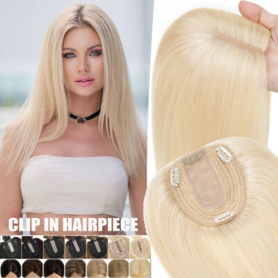 US Clip in Hairpiece 100% Real Remy Human Hair Topper Toupee Top Silk MONO Women