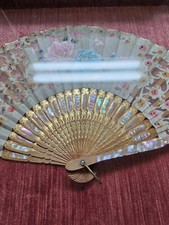 Beautiful Antique Fan Framed Box Hand Painted Silk Mother of Pearl Bamboo 20x13"