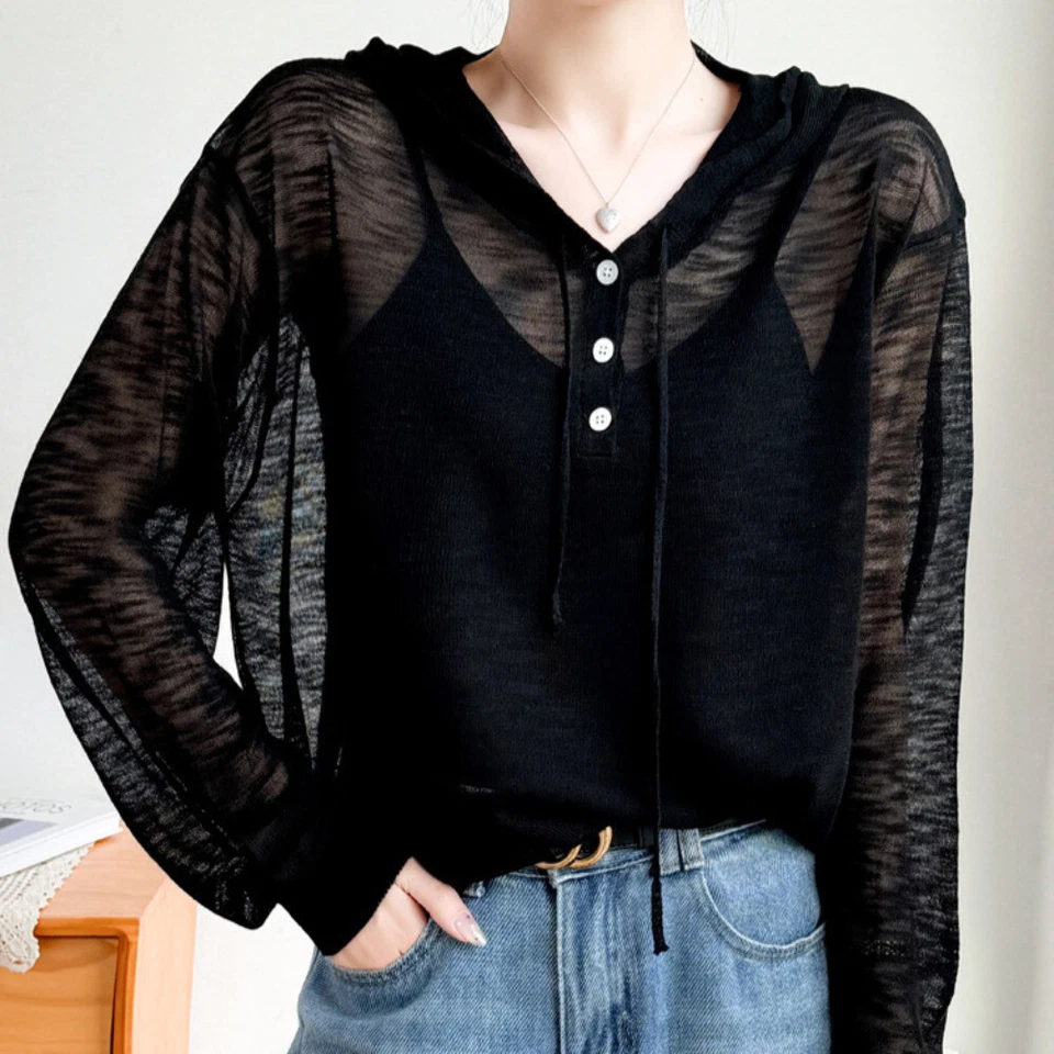 Donna Trasparente Maglieria Camicie Felpa con Cappuccio Top Casual Maglie - Immagine 2 di 4