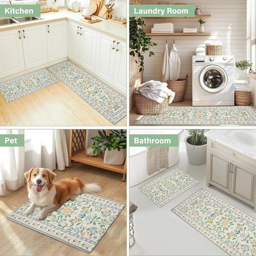 Alfombrillas de cocina MOSISO para piso campo flores coloridas 2 piezas 47x30 pulgadas + 18x30 - Imagen 3 de 9