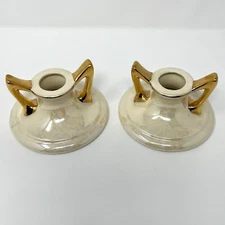Pearl Color USA Iridescent Lusterware 22K Gold Candlestick Holder Set of 2 #492