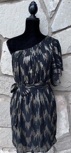 Charming Charlie Dress Medium Black Gold Glitter One Shoulder Excellent