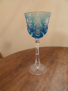 Vintage Cut to Clear Blue Bohemian Crystal Wine Goblet Glass