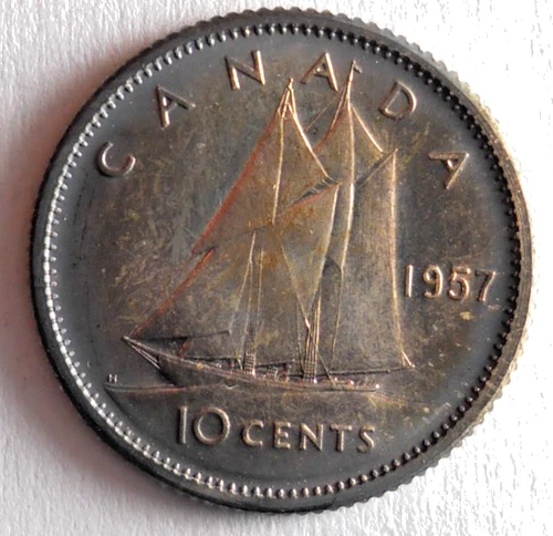 1957 CANADA 10 CENTS - AU DARK TONE - Great Silver Coin - Lot #M17