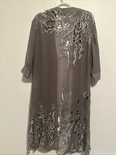 All Saints Long Kimono Embroidery Gray Duster Cut Out Sheer Silk Blend Size 4 - Picture 8 of 12