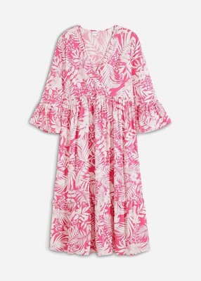 Neu Tunika-Kleid aus fließender Viskose Gr 48 Pink Weiß Floral Midi Casual-Dress