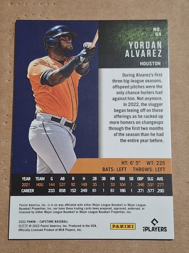 2022 YORDAN ALVAREZ PANINI CAPSTONE BASEBALL CARD #64 HOUSTON ASTROS - Picture 2 of 2