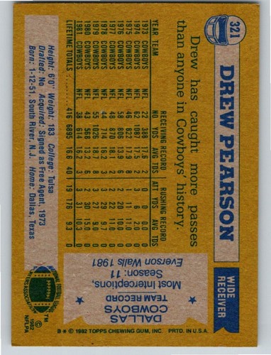 1982 Topps #321 Drew Pearson Dallas Cowboys kostenloser Versand! - Bild 2 von 2