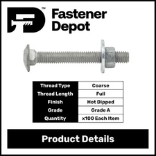 1/4”-20 x 6” Hot Dipped Galvanized Carriage Bolt Kit w/ Nuts & Flat Washers—100x