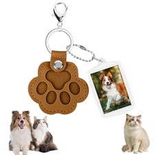 Pet Hair Keychain, Cute Leather Cat Paw Keychain with Acrylic Small Photo Brown