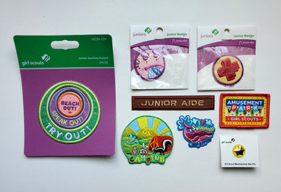 8 Girl Scout Badges Lot Junior Journey-First Aid -Social Butterfly-Swimming-Camp
