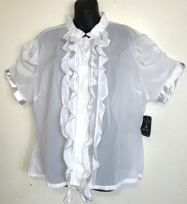 Dereon Sheer White Blouse PLUS Sz 3X Beyonce 2009 Ruffles Romantic FLAW High Nec