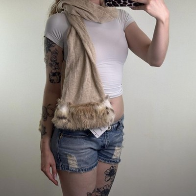 Y2K Vintage Wolle/Angora Mischung Grobstrick breiter Schal Kunstfellbesatz Feinstrick