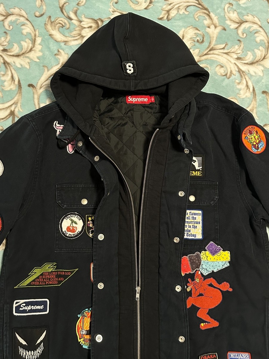 SUPREME PATCHES HOODED ZIP UP SHIRT (LARGE) (BLACK) SS25 PATCHES 6
