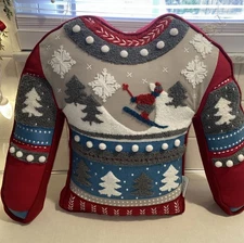 Aspen Ugly Christmas Sweater Shaped Throw Accent Pillow Ski Skiing Winter Theme