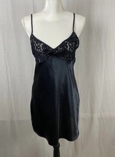 Vintage California Dynasty USA Made Black Satin Lace Slip On Nightgown Size Med