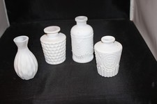 Lot of 4 White Painted over Pink Glass Bottles, Vase, Shabby Chic, Wedding