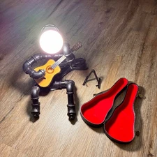 Steel Pipe Lamp Man Playing Mini Guitar w/ Case & Stand – Handmade Industrial Li