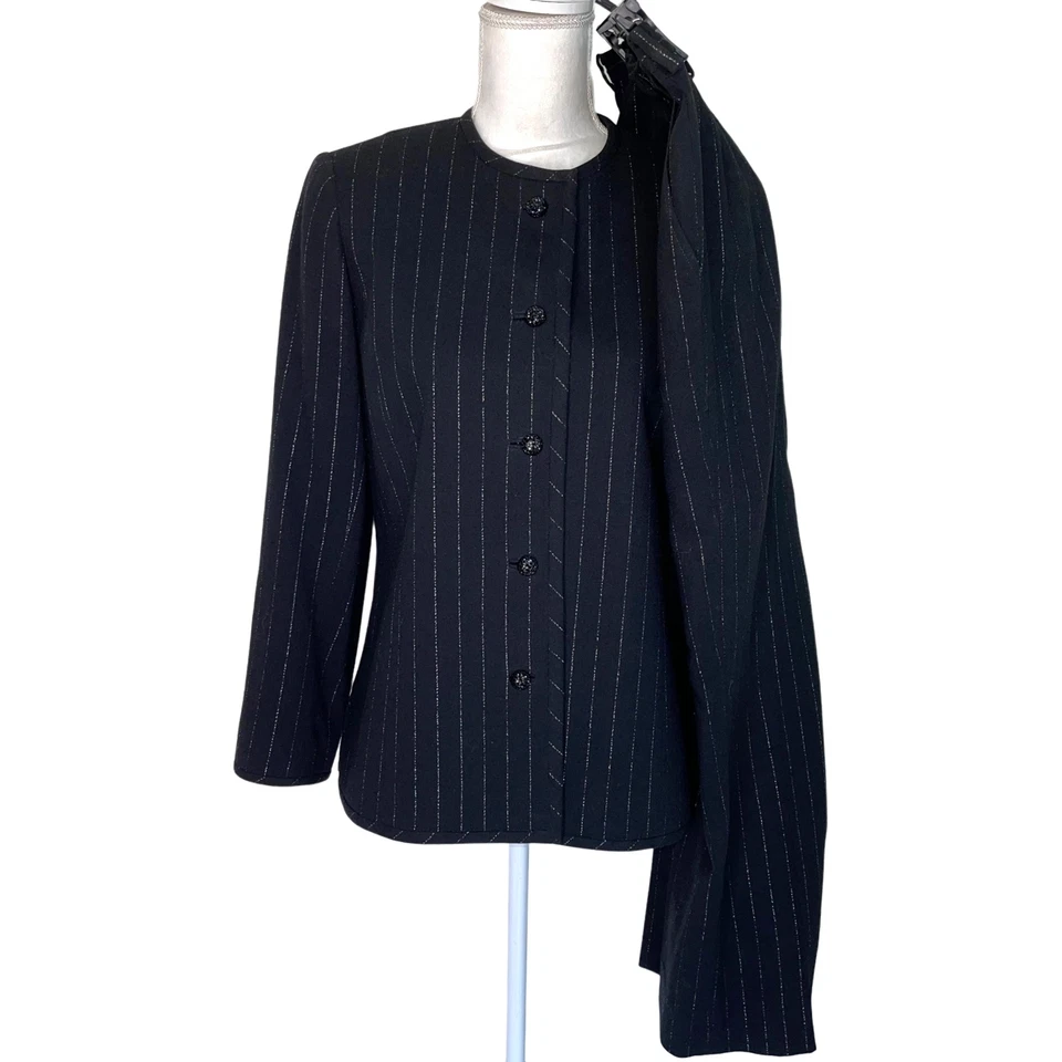 Traje David Hayes Mujer Vintage Talla 8 Negro Lana Crepé Hilo Plateado Metálico Foto 2 de 4