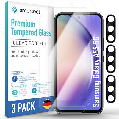 3x Schutzglas Panzerfolie Klar für Galaxy A55 5G + 3x Kameraschutz Hartglas Glas