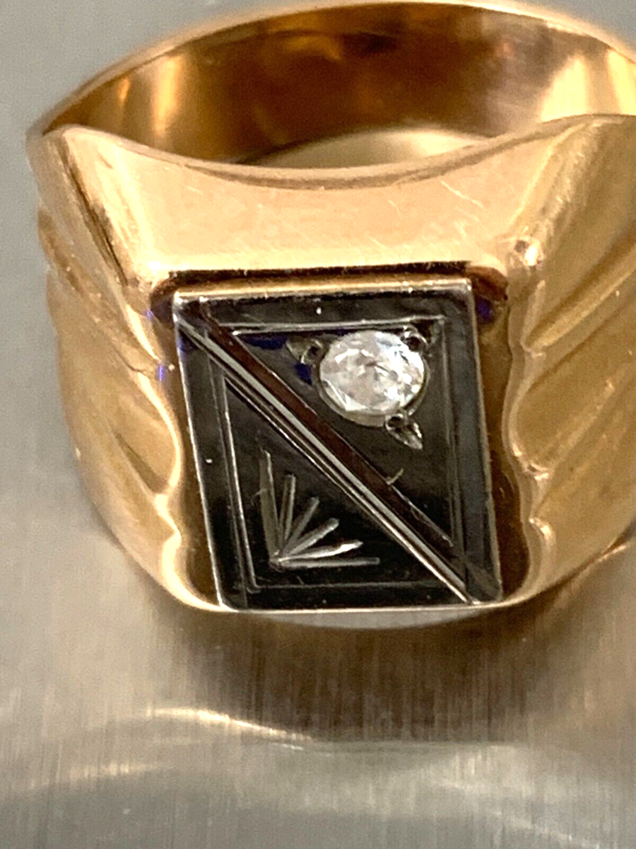 USSR Men Vintage Original Soviet Rose & White Gold Ring w/Cubic