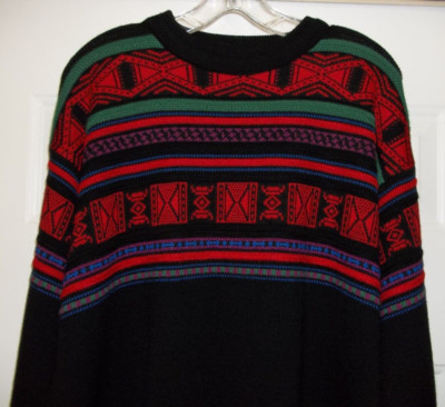 Meister Men's Vtg 80s Wool Blend Ski Lodge Style Sweater Black Colorful Sz XL