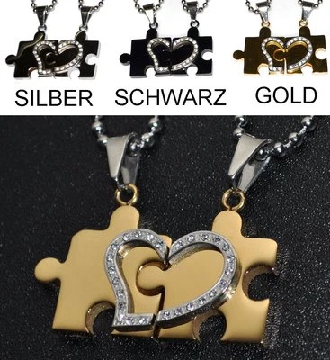 Partnerkette Puzzle Herz Edelstahl Strass 2 Partner Anhänger Kette Love Herzen - Bild 1 von 2