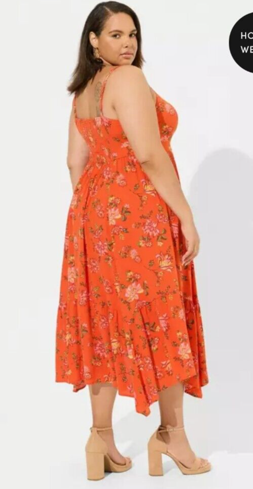 Torrid Size 4 (26W) Orange Floral Gauze Tiered Handkerchief Hem