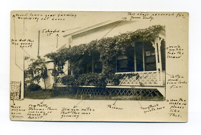Oakland ME cancel, in depth description of porch & garden 1909 RPPC postcard