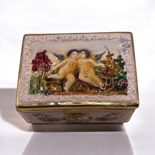 Antique Capodimonte Italian Porcelain Trinket Box Hand Painted Cherubs Angel - Picture 2 of 20