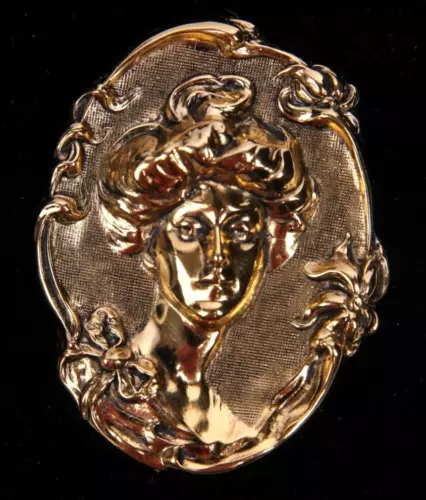Vintage Gold Tone Metal Gibson Girl Cameo Brooch Pin Repoussé Detailed Metalwork