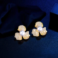 Flower Leaf Pearl Stud Earrings Luxury Fashion Gold Plated Cubic Zircon Jewelry