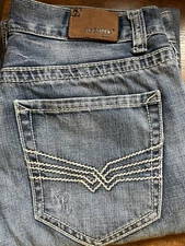 Mens Flypaper 31x34 Bootcut Jeans Light Wash Distressed Embroidered Packets