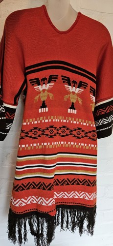 Women's Red Aztec Sweater with Fringe Black Piping Trim Dolman Sleeves M EUC - Picture 5 of 7