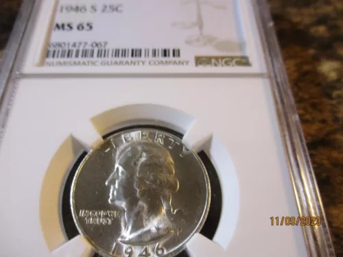 1946-S WASHINGTON SILVER QUARTER NGC MS 65     067