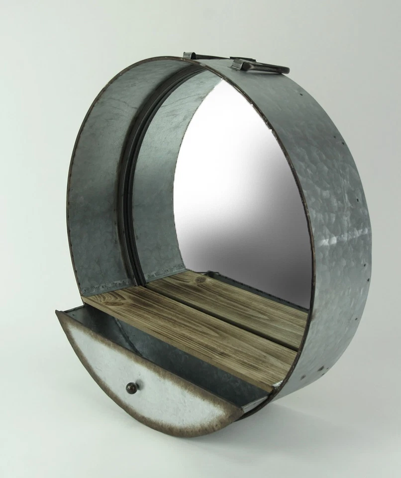 Zeckos Rustic Galvanized Metal Tub Frame Round Wall Mirror with Drawer - Image 2 of 3